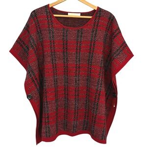 CHRISTINA Women Red Plaid Silver Sparkle Knit Cape Sweater M Cozy‎ Cabin Cottage
